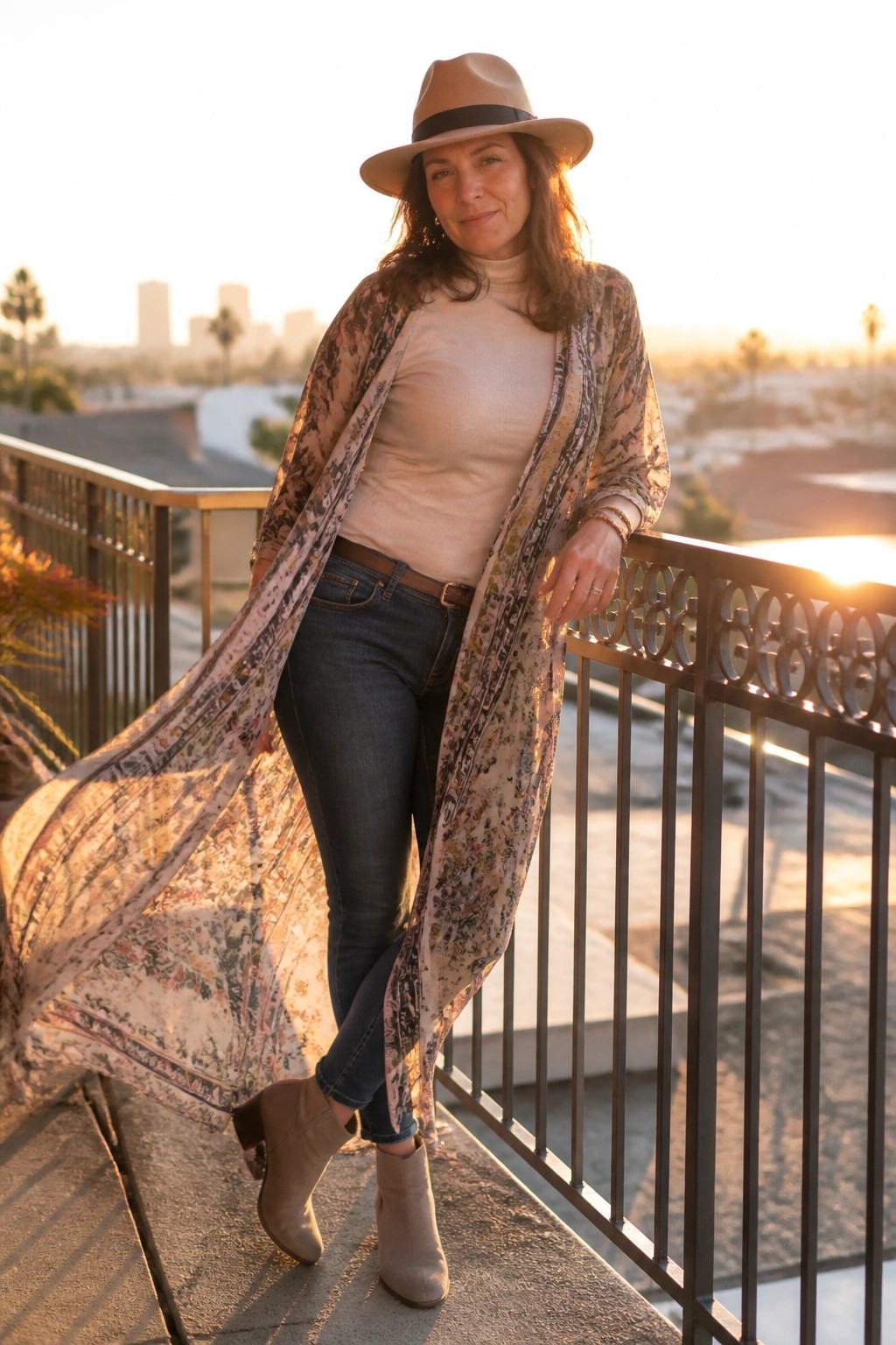 Stylish woman in floral duster, hat, and boots on sunny urban balcony at sunset.