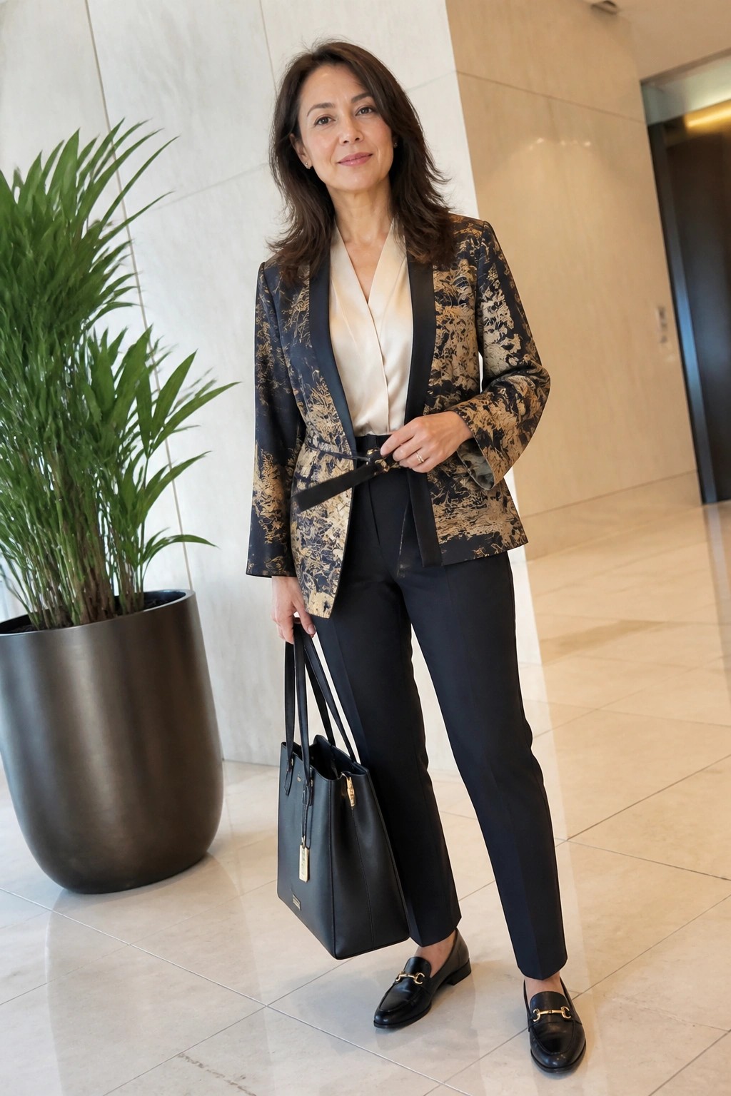 Woman over 50 wearing a navy and gold patterned kimono style blazer belted at the waist over a cream satin blouse with black trousers black loafers and a black leather tote bag standing indoors next to a large plant.