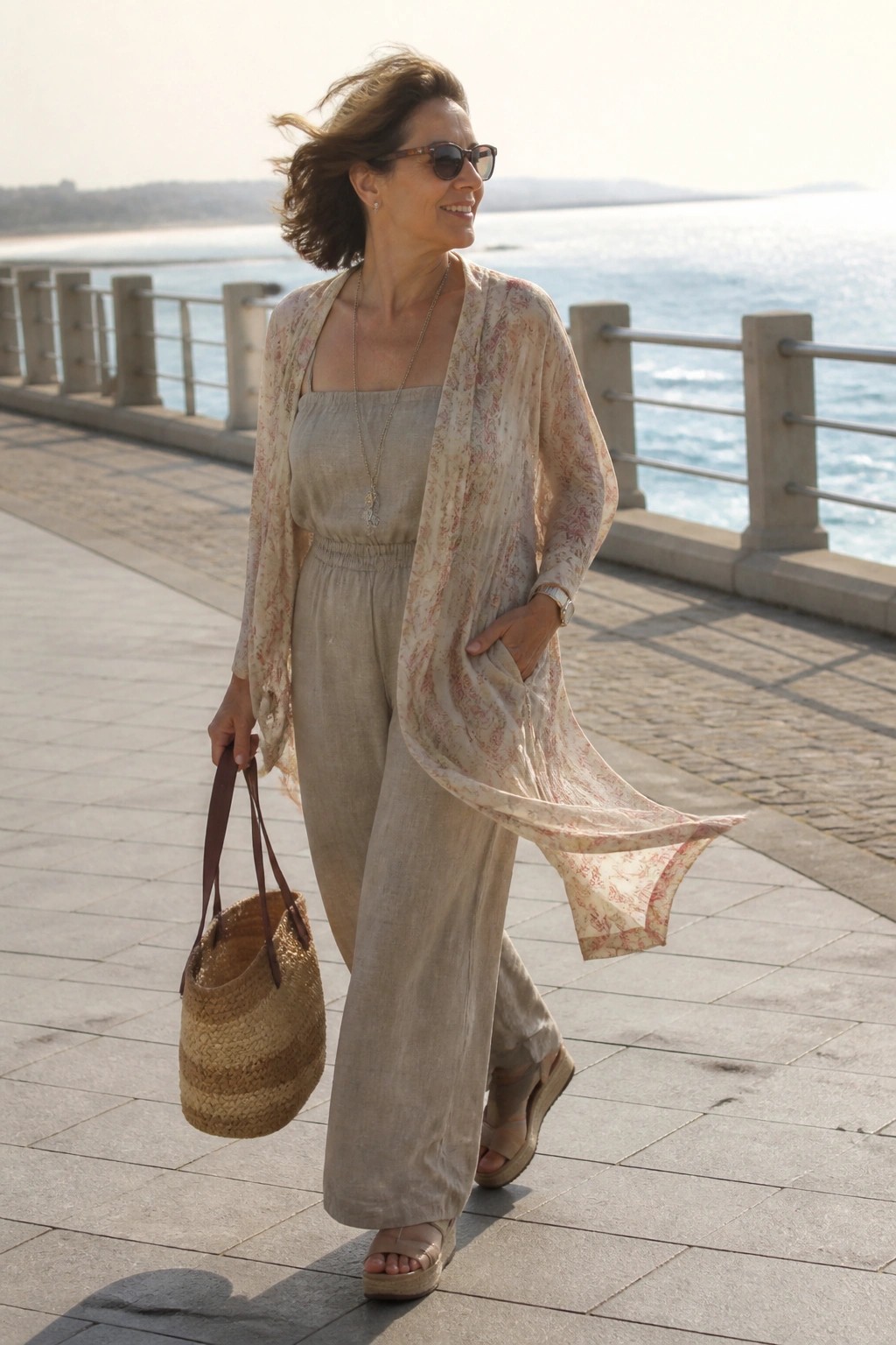Woman in beige jumpsuit and floral cover-up walking seaside promenade with woven bag
