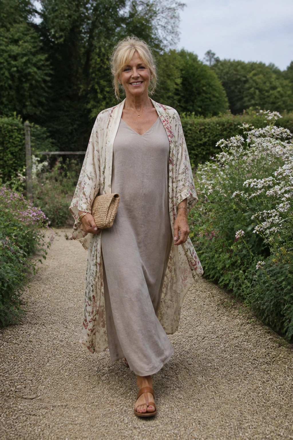 Blonde woman in beige dress and floral kimono holding clutch on garden path