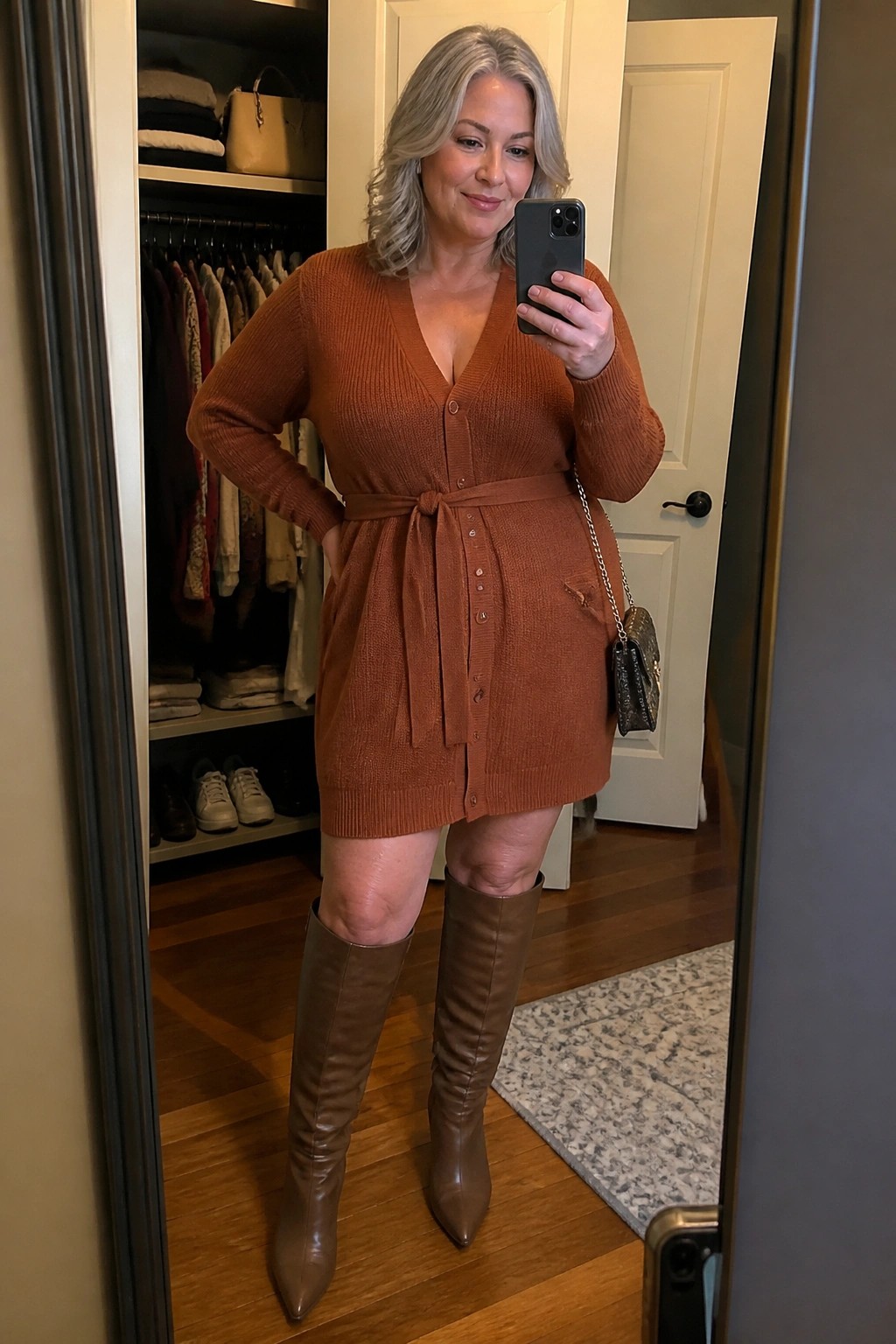 Woman with gray hair in rust knit dress and brown boots taking mirror selfie