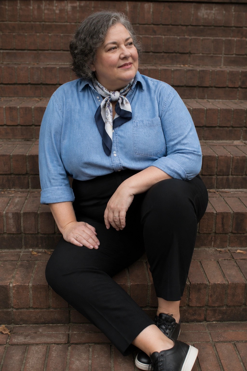 Woman with curly gray hair in blue denim shirt and scarf sits on brick steps.