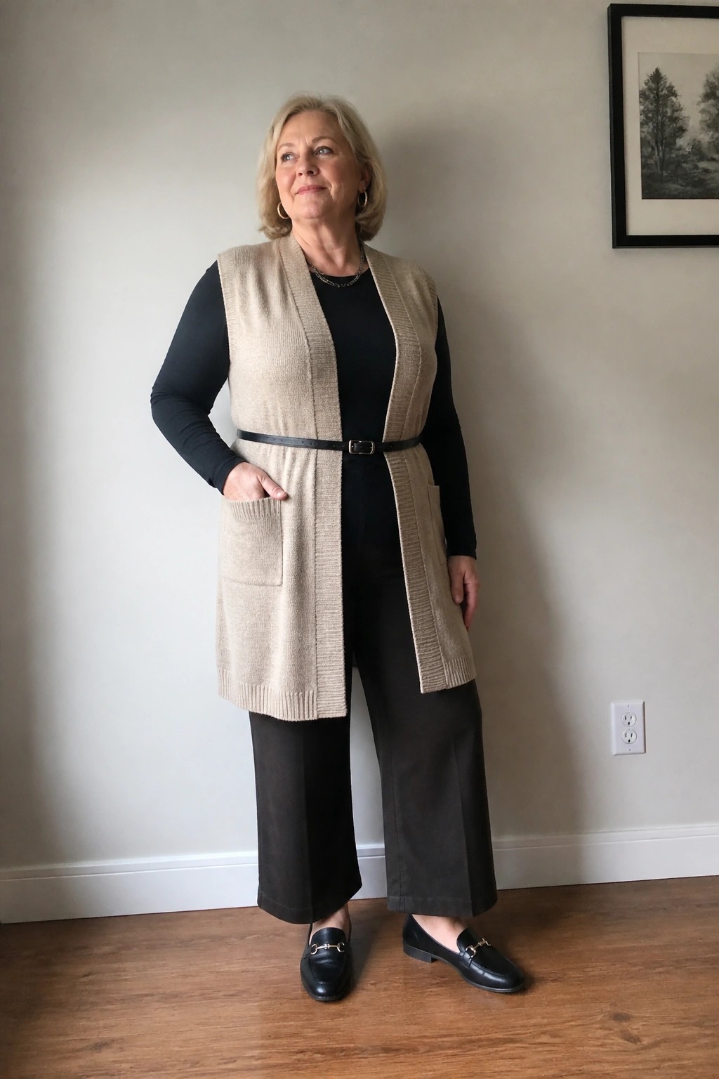 Blonde woman in beige knit vest, black top, pants, belt, and loafers indoors