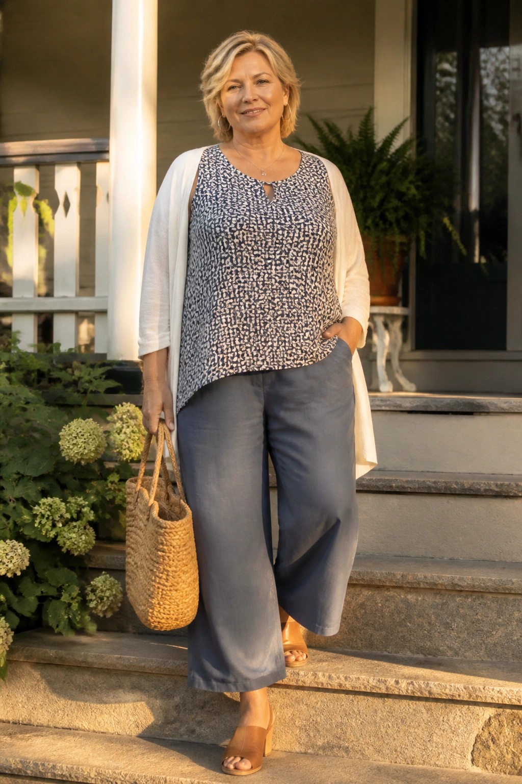 Blonde woman in patterned top and blue pants holding straw bag on porch steps