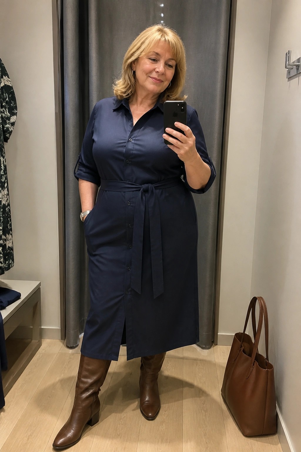 Blonde woman in navy blue shirt dress and brown boots taking mirror selfie in dressing room