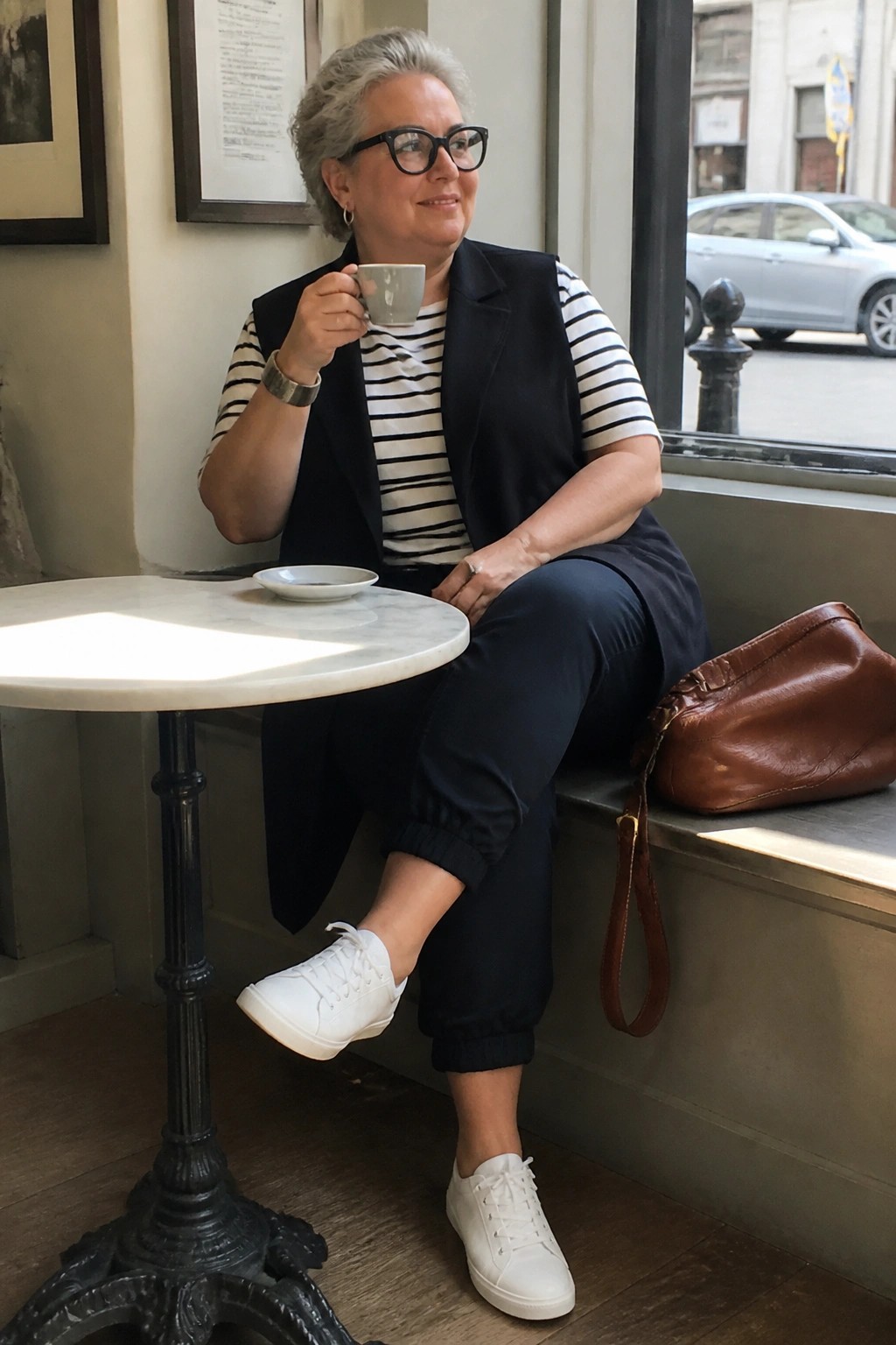 woman over 50 wearing a black sleeveless vest over a black and white striped tee with navy jogger pants and white sneakers while holding a coffee cup
