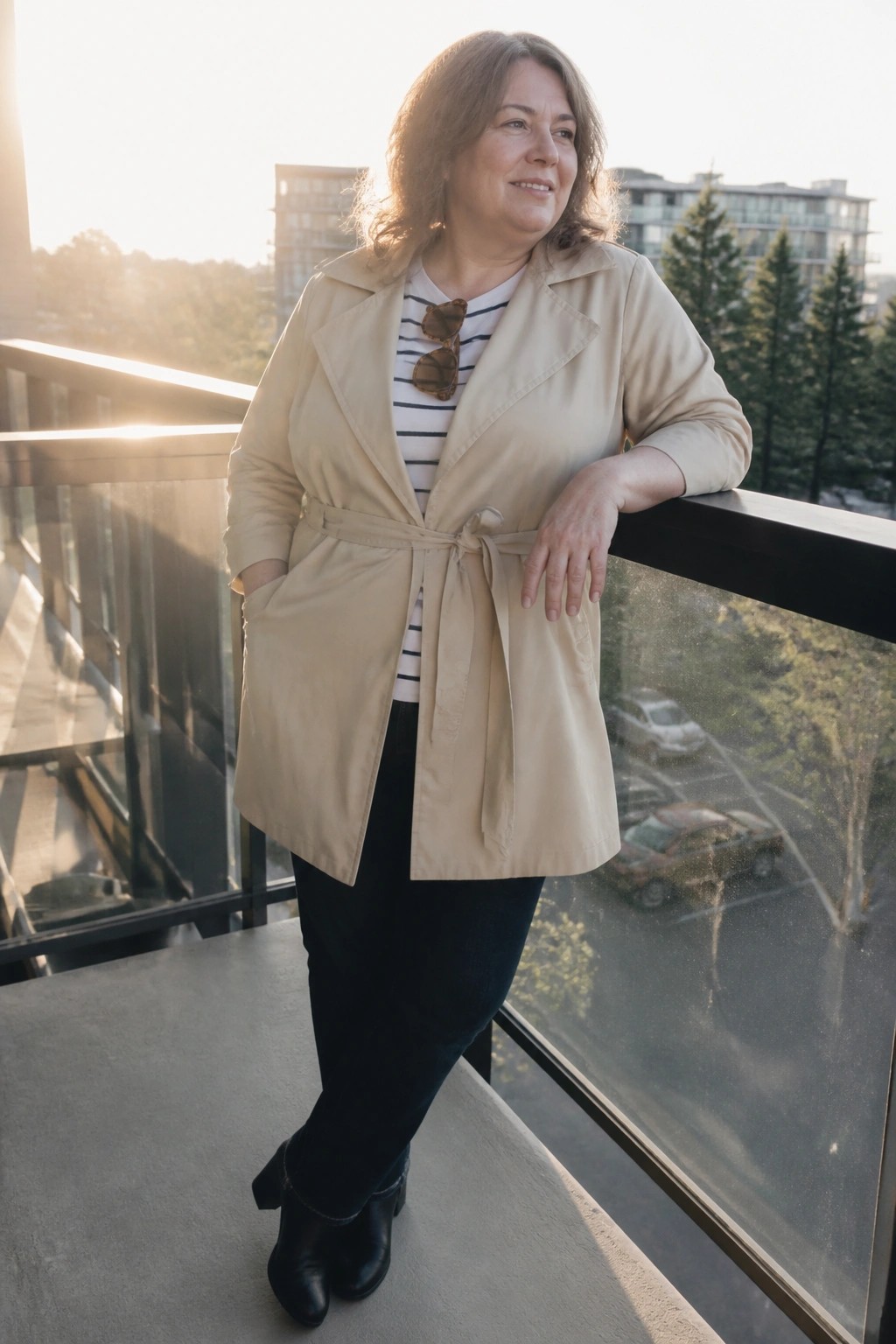 Woman in beige trench coat leaning on balcony railing at sunset