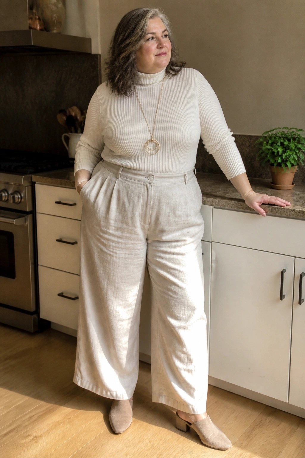 Woman in cream turtleneck and beige wide-leg pants standing in kitchen