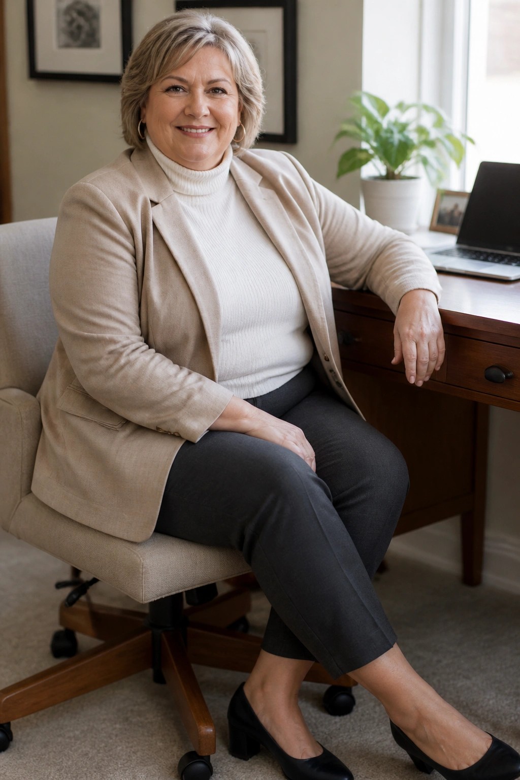 A plus size woman over 50 in a beige blazer layered over a white turtleneck sweater paired with gray trousers and black block heel pumps seated at a wooden desk