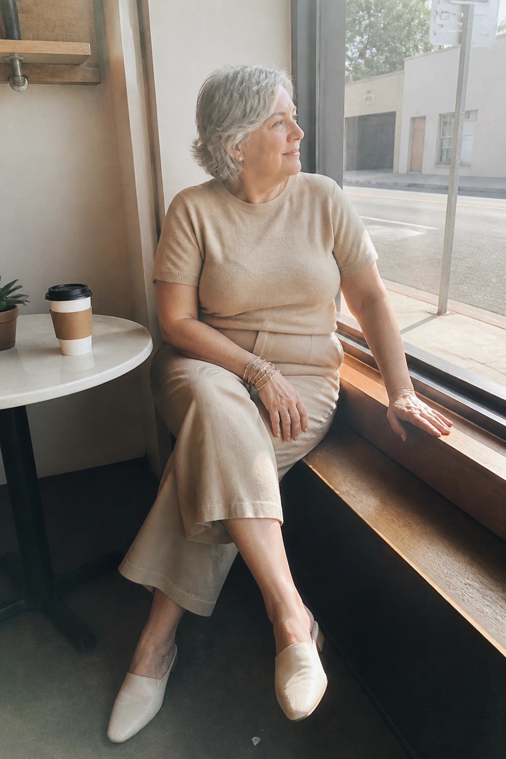 Woman with short gray hair in beige outfit seated by window with coffee