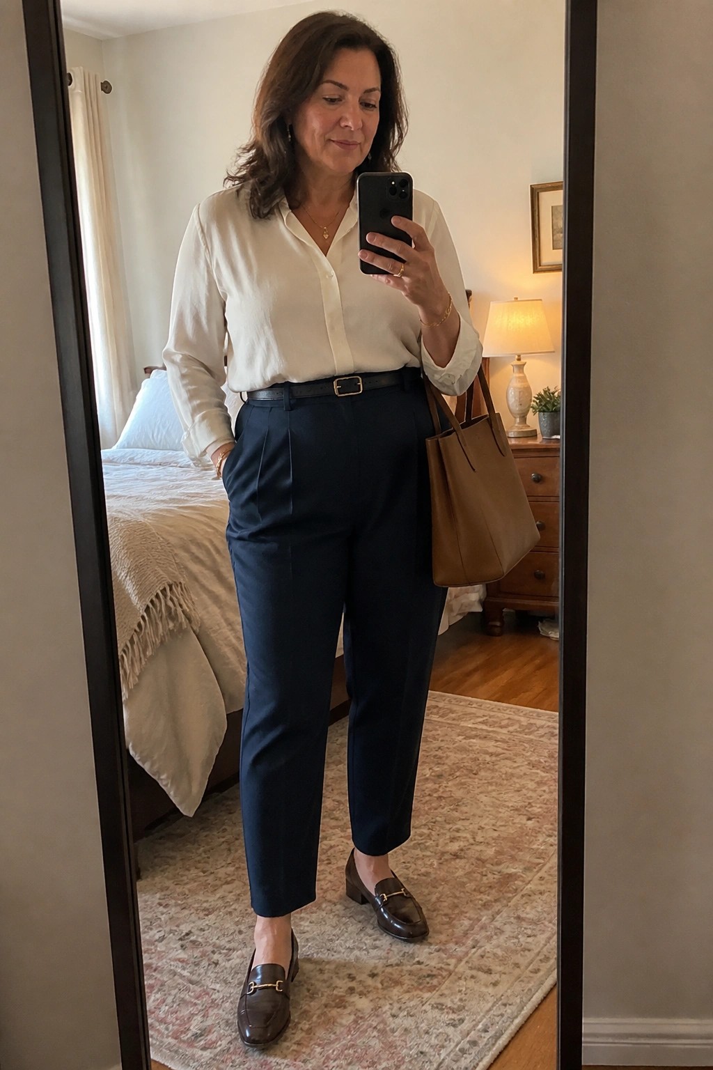 Plus size woman over 50 wearing a white button down shirt tucked into navy trousers with a black belt, brown loafers and brown tote bag in a mirror selfie.