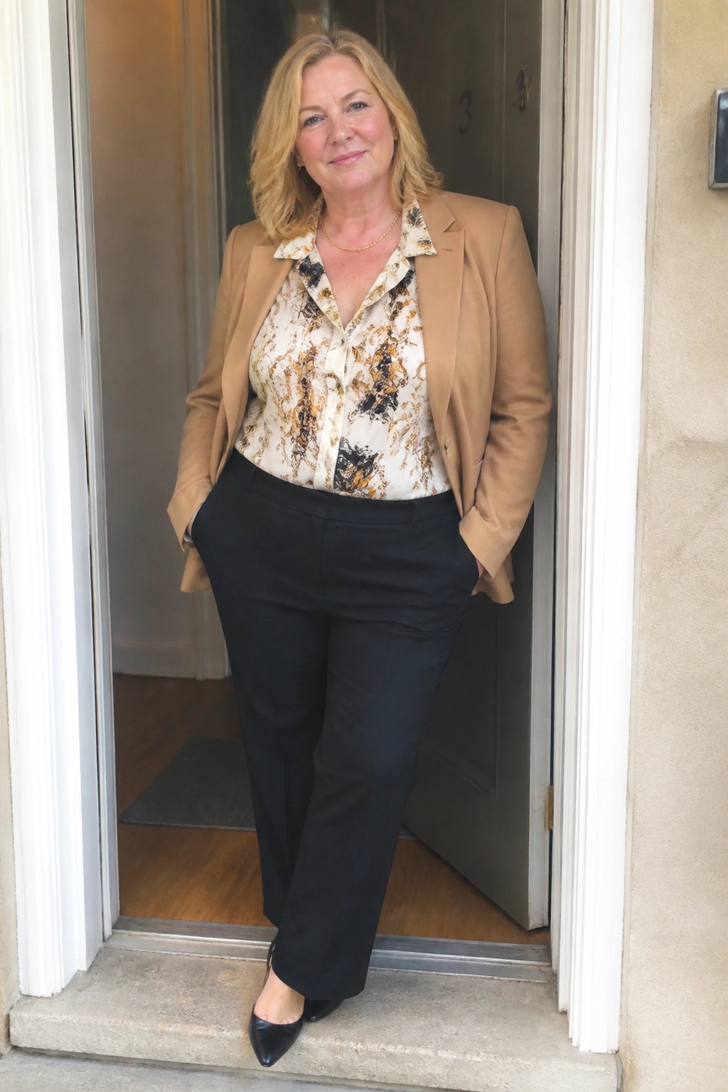 Blonde woman in tan blazer and patterned blouse standing in open doorway