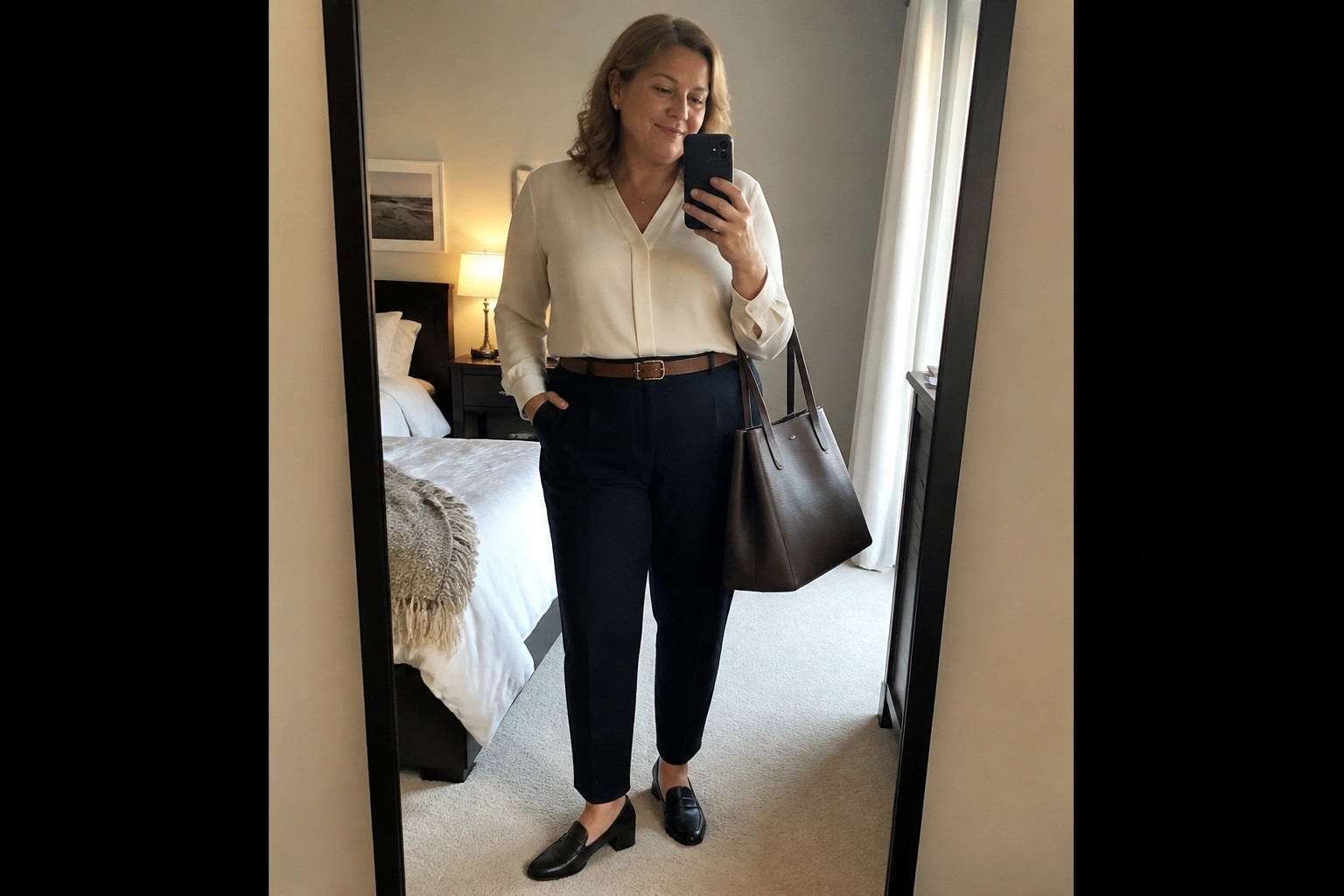 Plus size woman over 50 wearing a white button down shirt tucked into navy trousers with a black belt, brown loafers and brown tote bag in a mirror selfie.