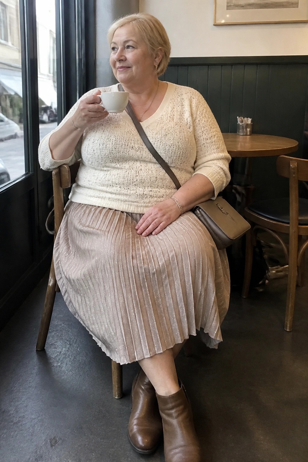 Elderly woman in cream sweater and sparkly pleated skirt sips from cup in cafe