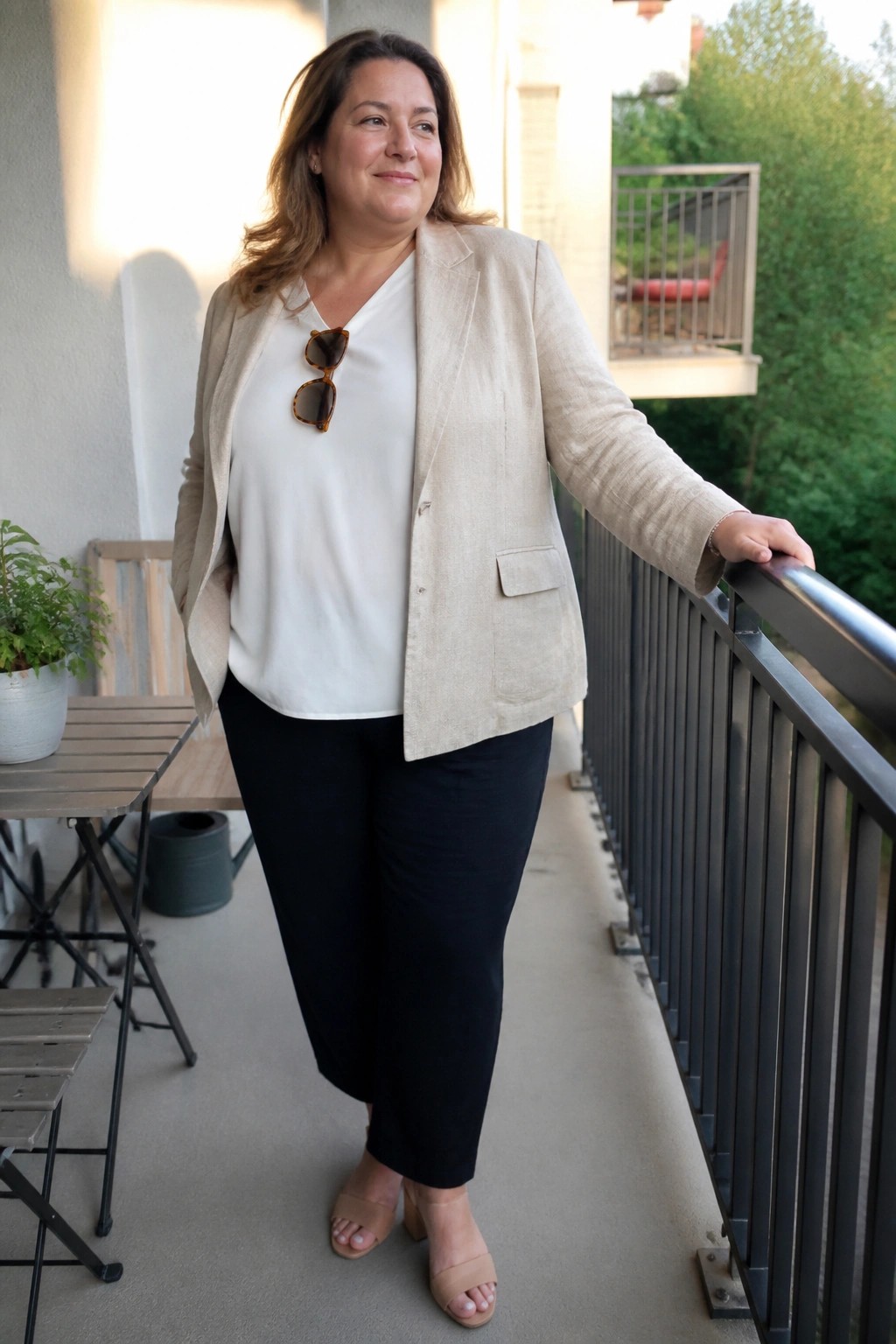 Woman in beige blazer and black pants standing on balcony with hand on railing
