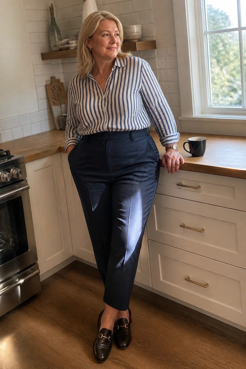 Blonde woman in striped shirt and navy pants leaning on kitchen counter