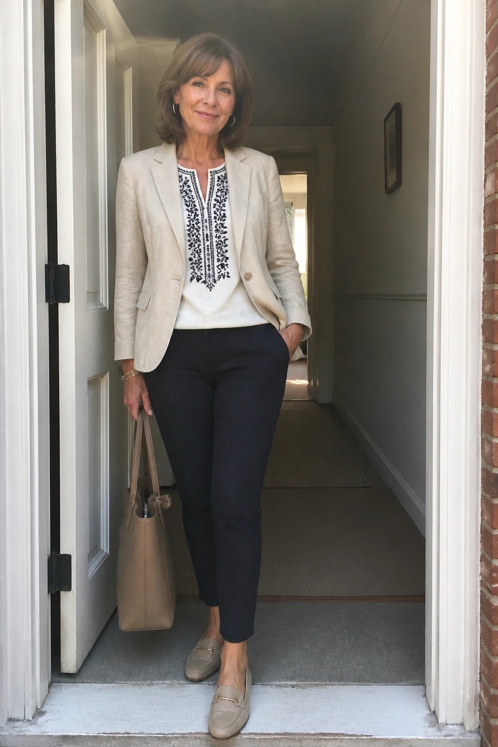Woman in beige blazer over embroidered top with navy pants holding handbag in doorway