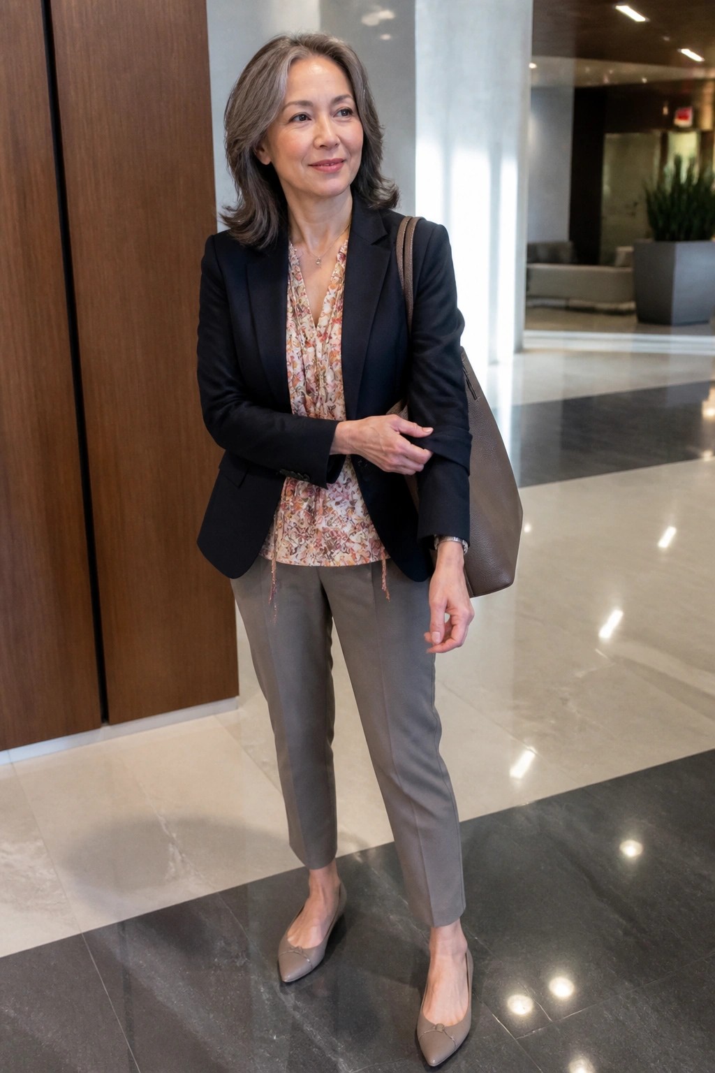 Woman in black blazer over floral blouse with gray pants in modern lobby