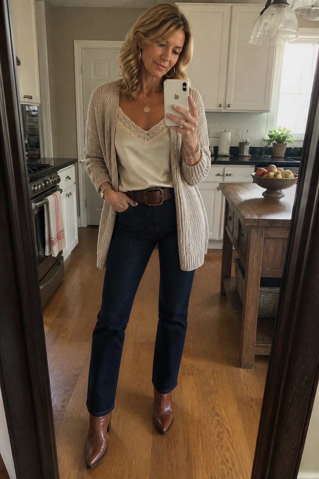 Woman in beige cardigan, cream lace camisole, jeans, and brown boots taking mirror selfie in kitchen