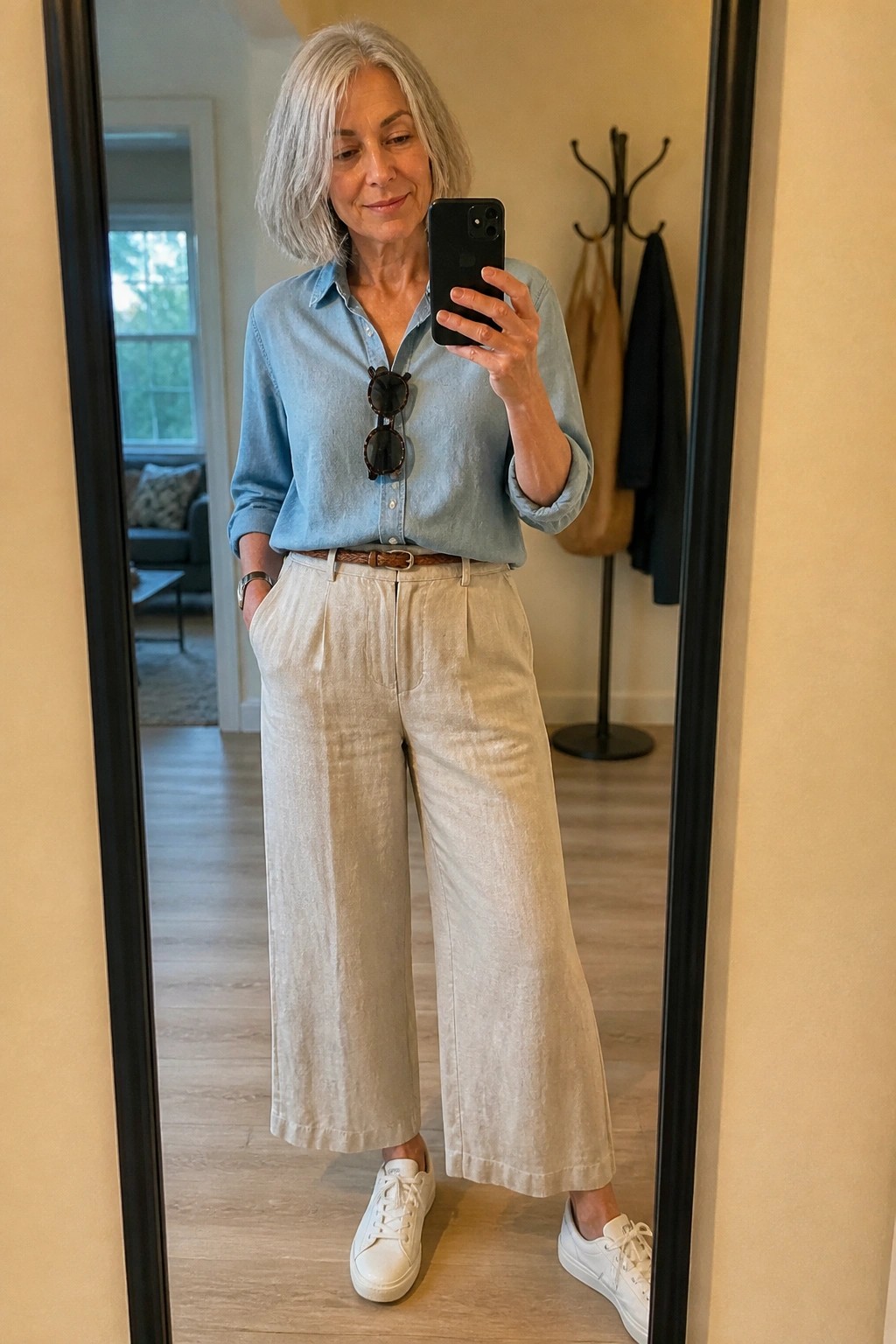 Woman in light blue shirt and beige wide-leg pants taking mirror selfie with phone