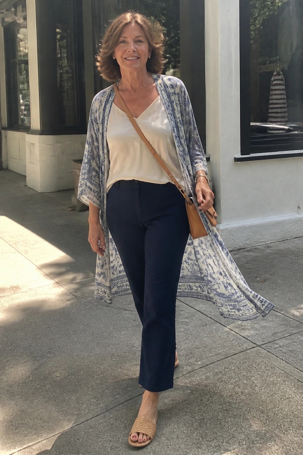 Smiling woman in blue-white patterned kimono over white top and navy pants on sidewalk