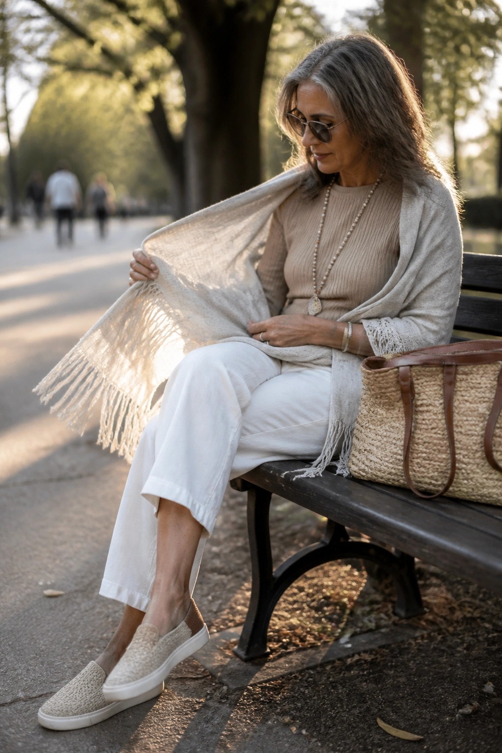Gray-haired woman in beige sweater with fringed shawl and straw bag on park bench