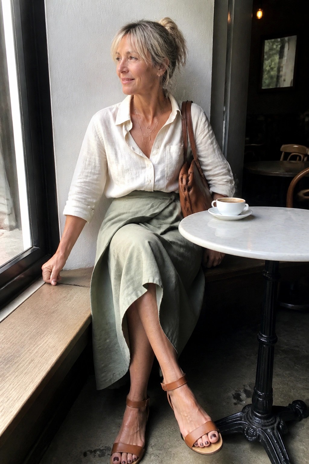 Woman in white shirt and green skirt seated at cafe window with coffee