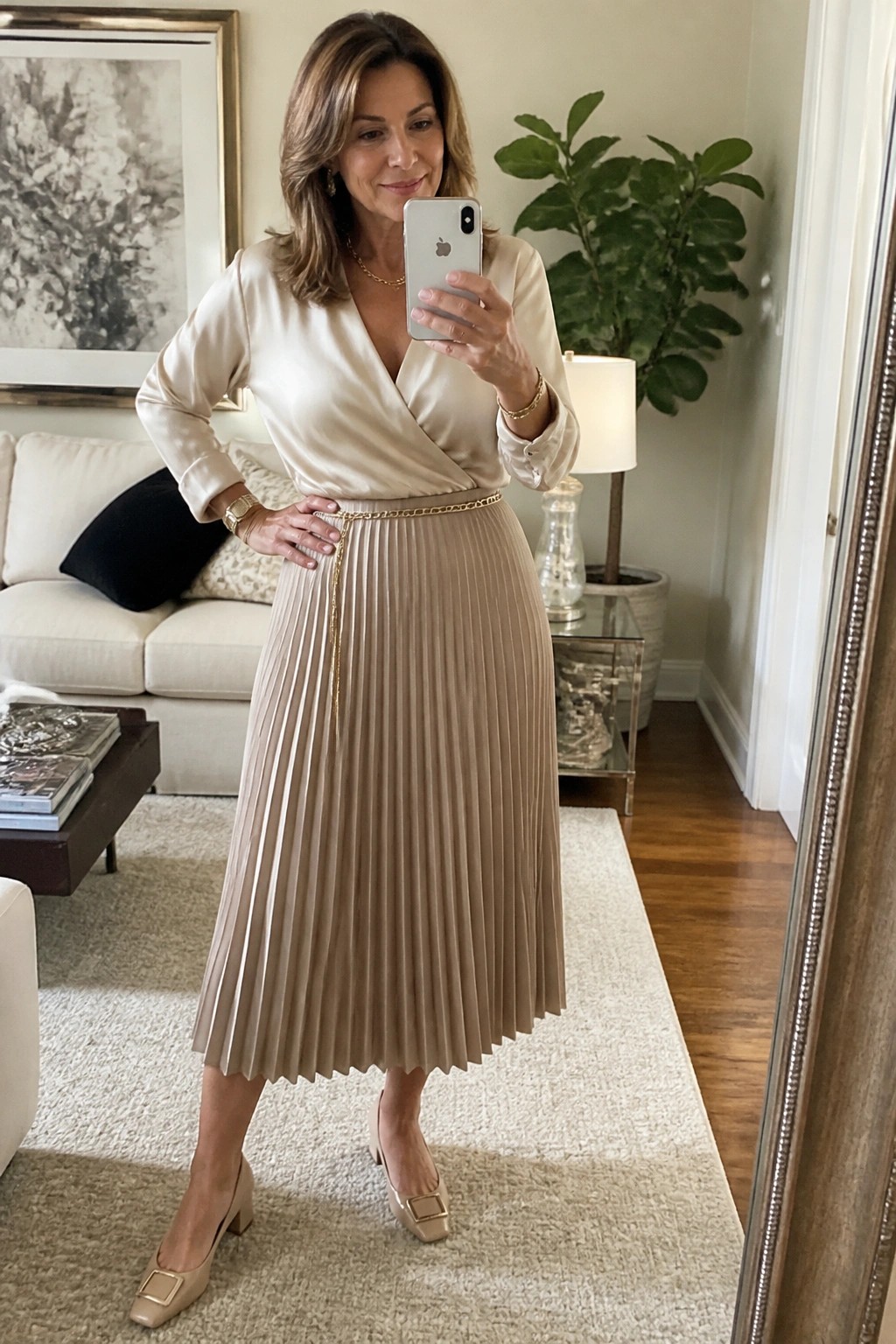 Woman in cream wrap blouse and pleated skirt taking mirror selfie in living room