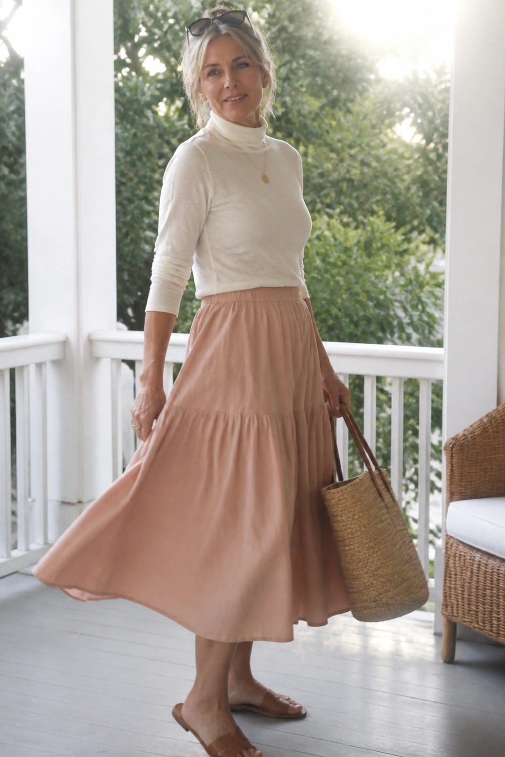 Woman over 50 wearing a white turtleneck sweater tucked into a tiered peach midi skirt with brown slide sandals and a woven straw tote bag.