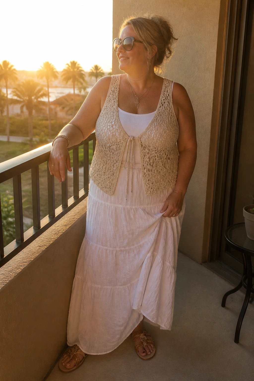 Woman in white tiered dress and beige crochet vest on sunset balcony with palms