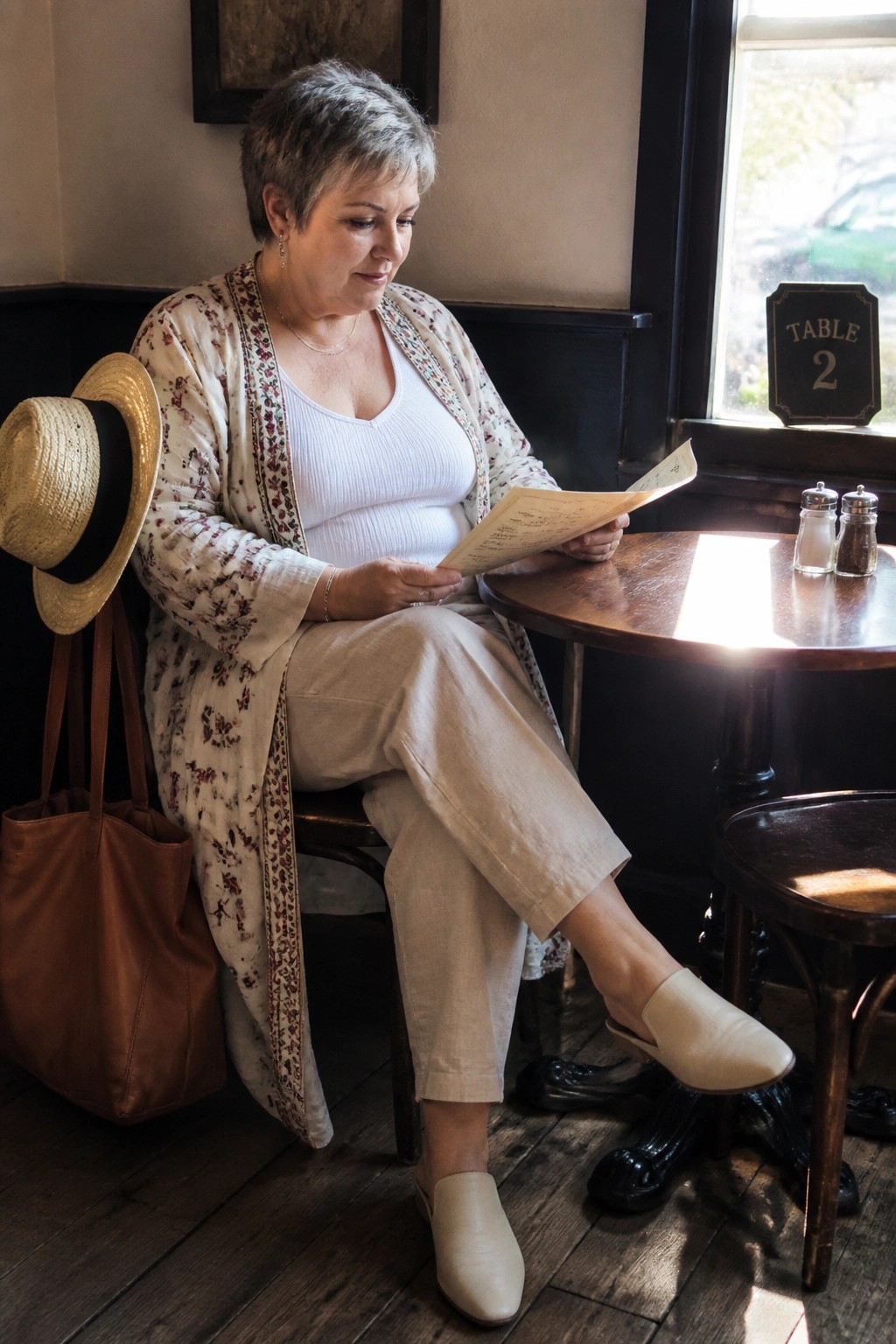 Woman over 50 in plus size boho outfit with open floral cardigan over white tank top, beige wide leg pants, and cream mules, seated at a table holding a menu.