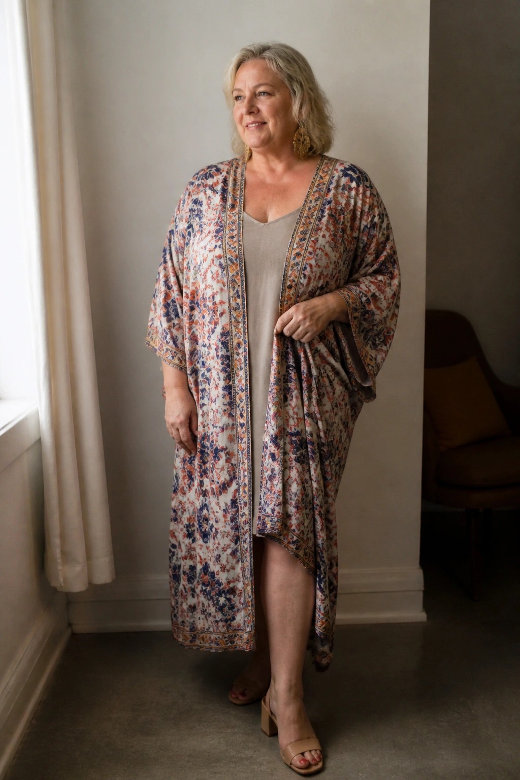 Mature woman in colorful floral kimono over beige dress standing indoors