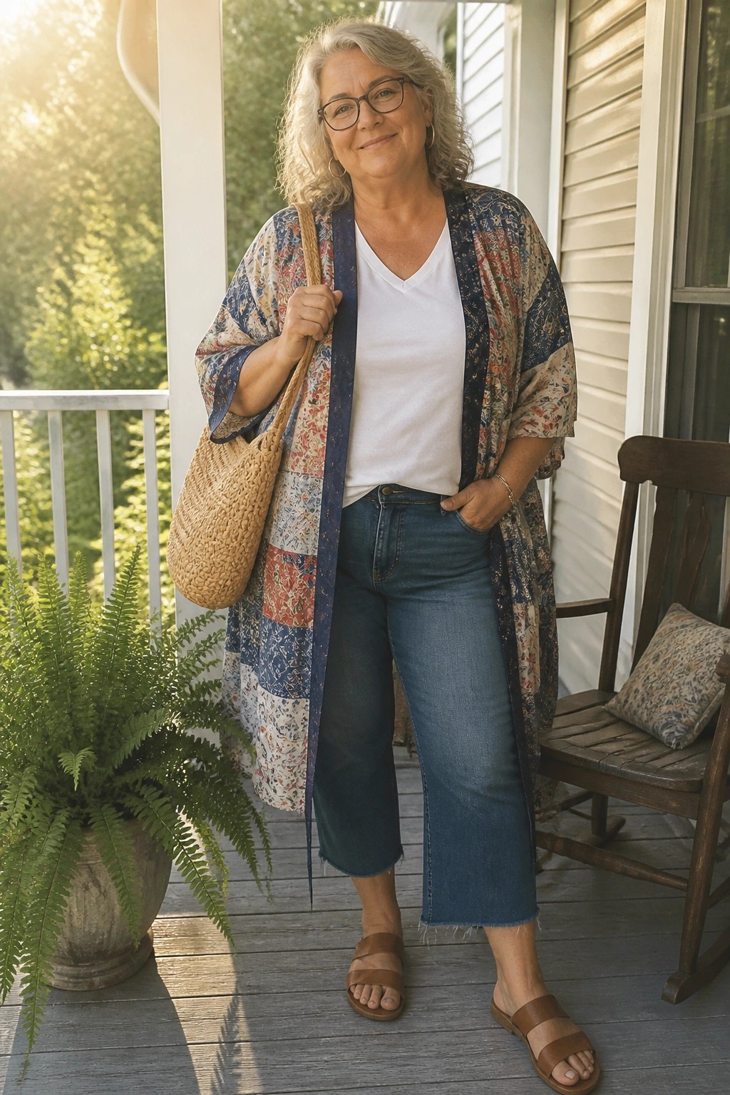 Gray-haired woman in colorful patchwork robe and jeans holding woven bag on porch