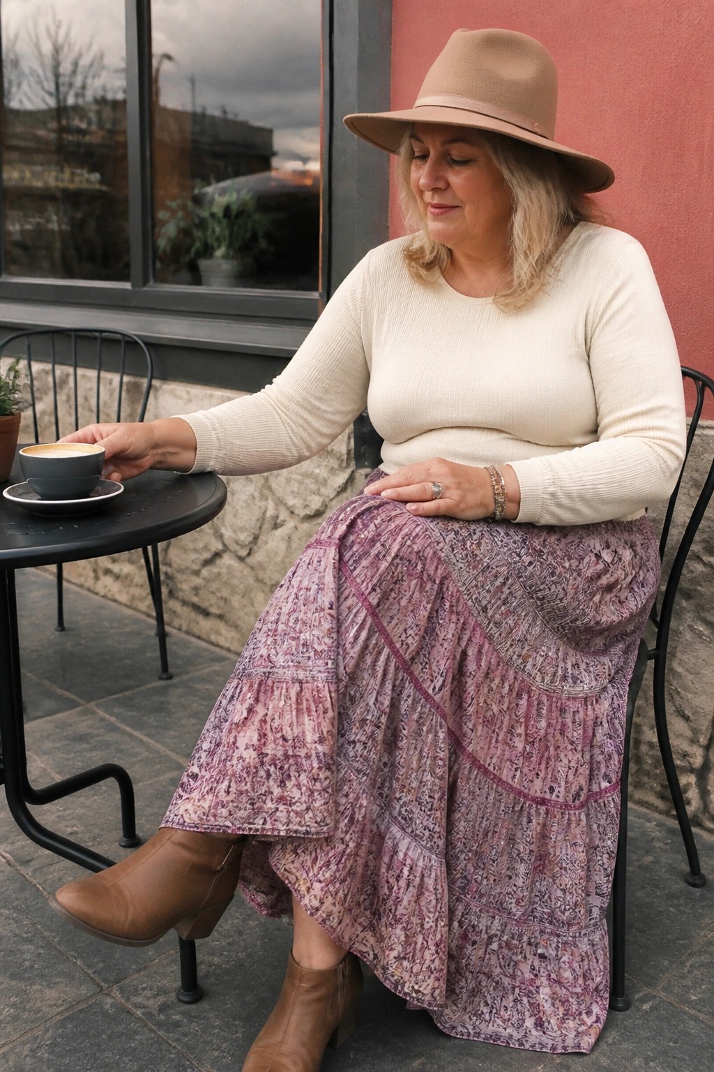 Woman in beige hat, cream top, and purple patterned skirt touches coffee cup outdoors.