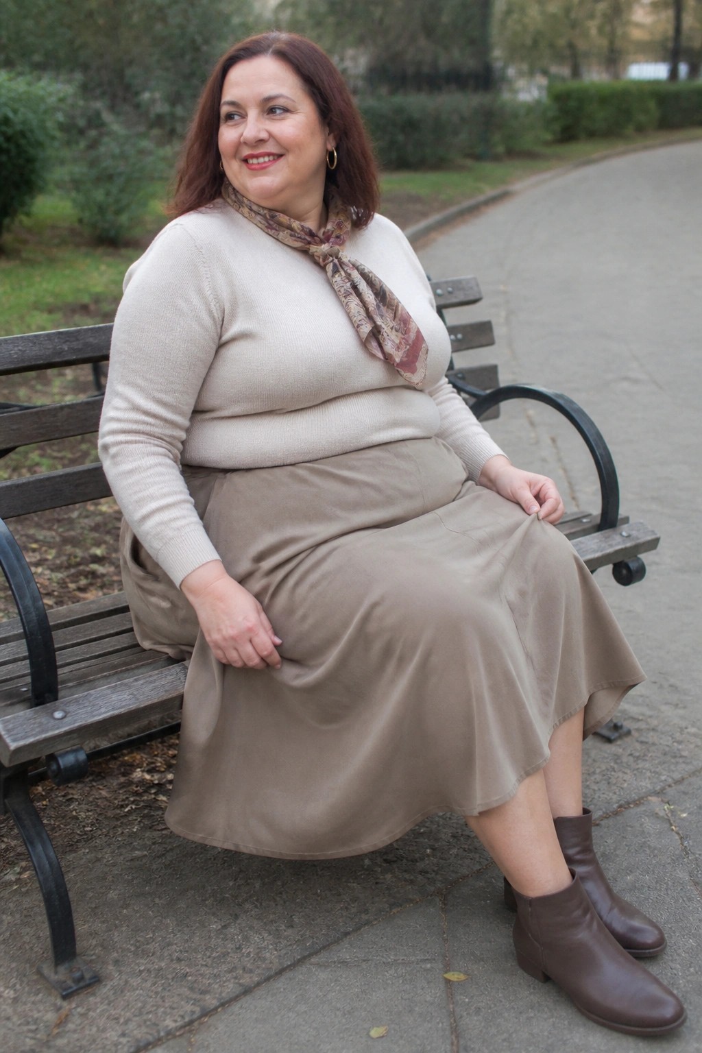 Woman in beige sweater and taupe skirt seated on park bench