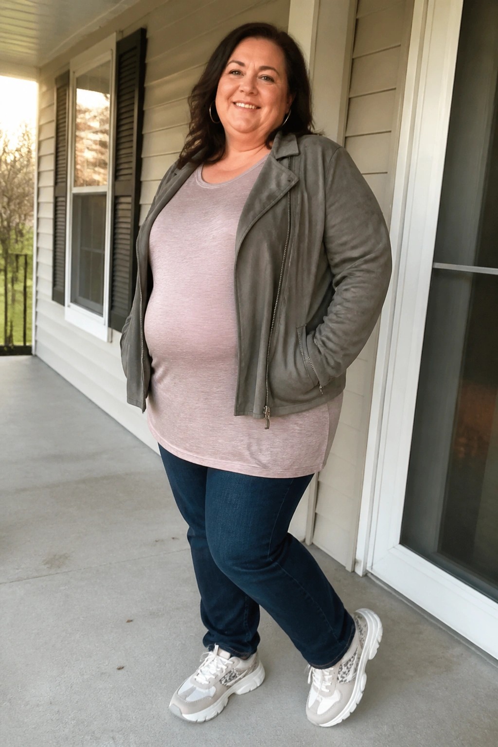 Smiling woman in gray jacket over pink top and blue jeans on porch.