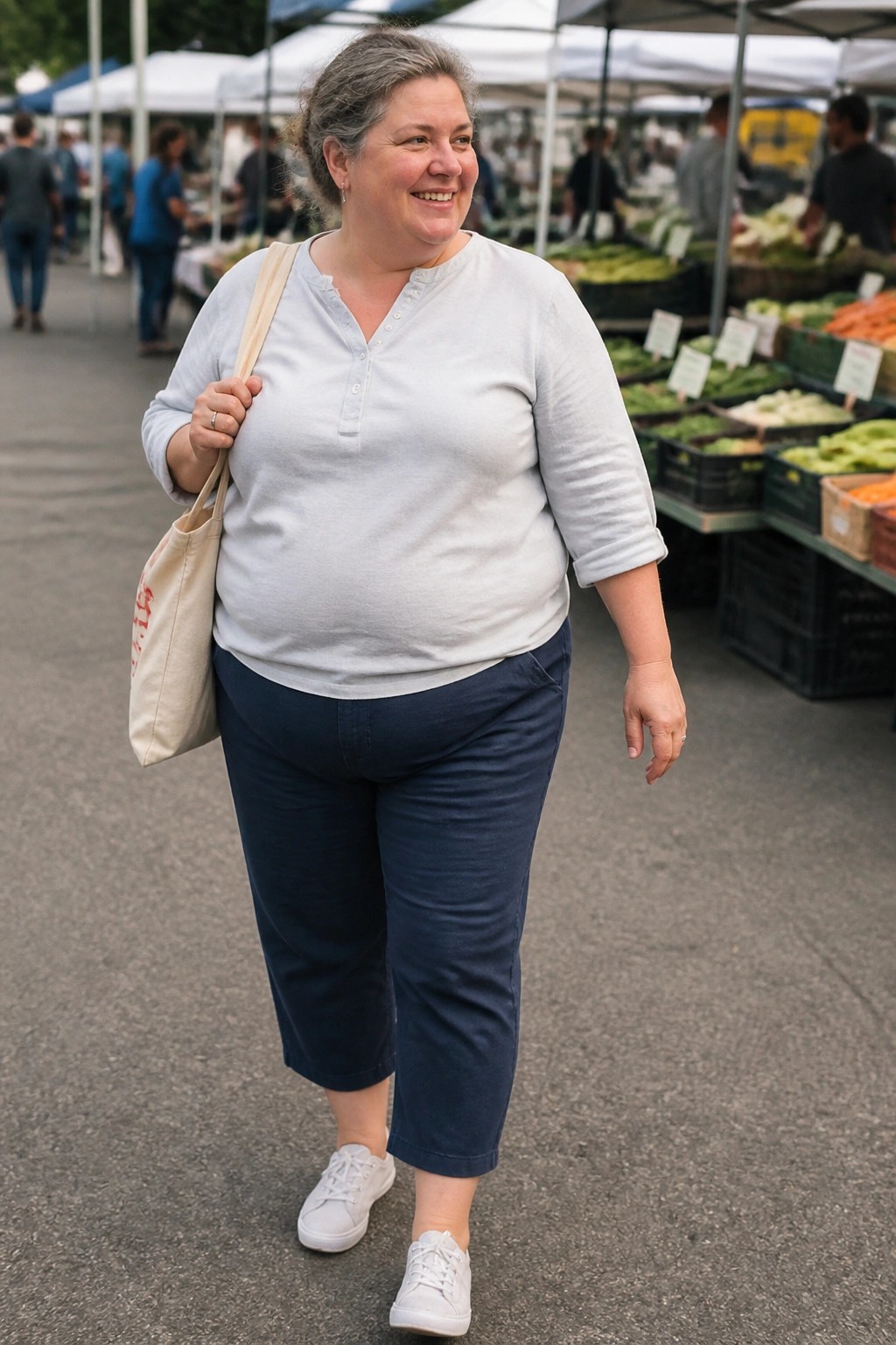 Smiling woman in light blue shirt and navy capris carries tote at farmers market