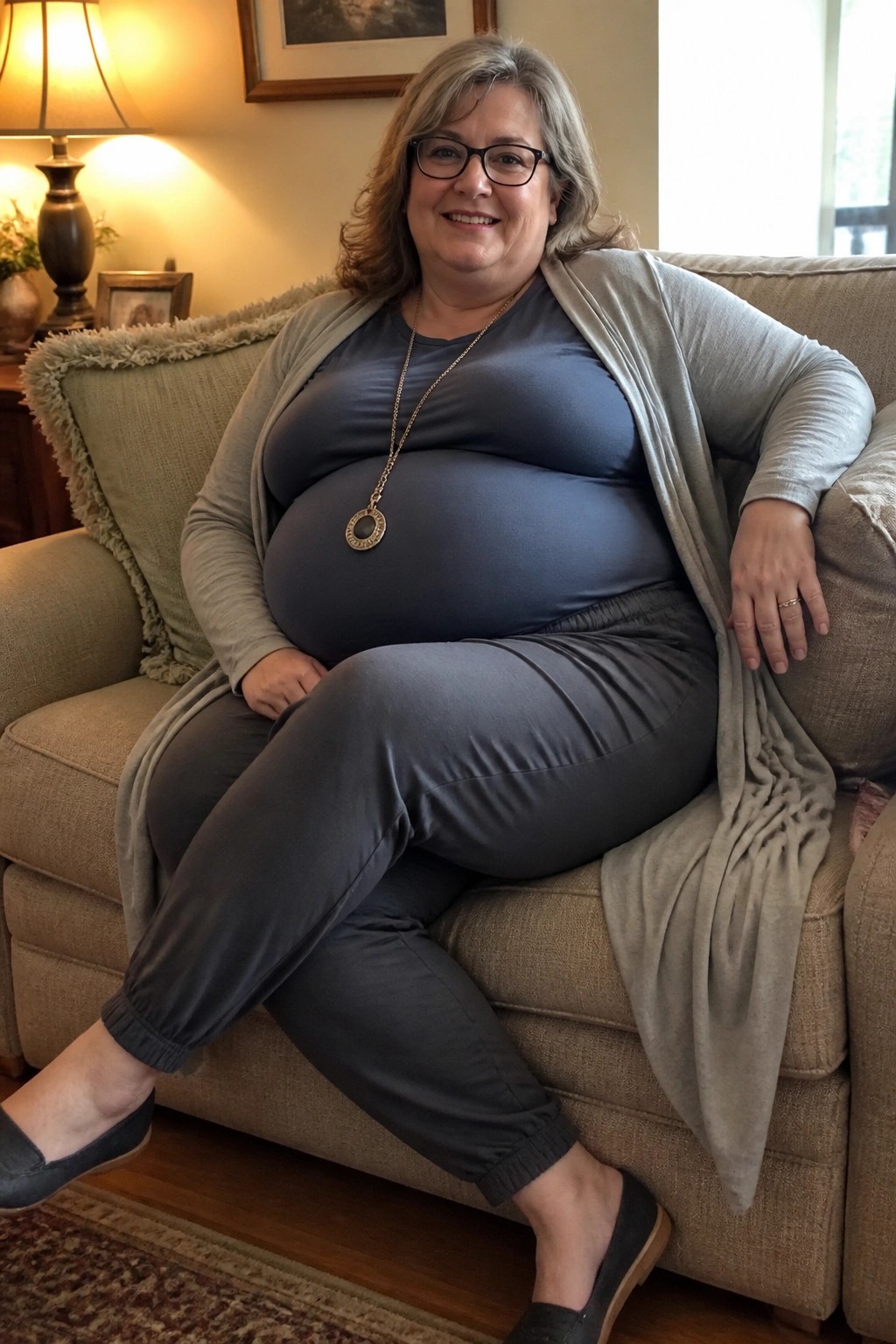 Smiling gray-haired woman in blue top and gray cardigan seated on beige couch.