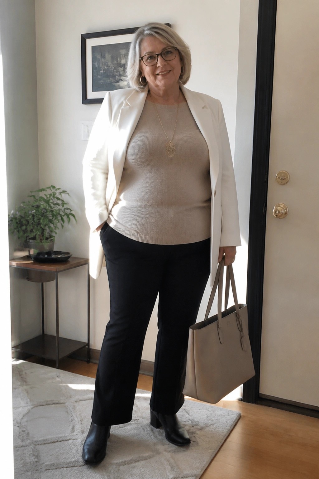Woman in white blazer over beige sweater with black pants and tote bag indoors
