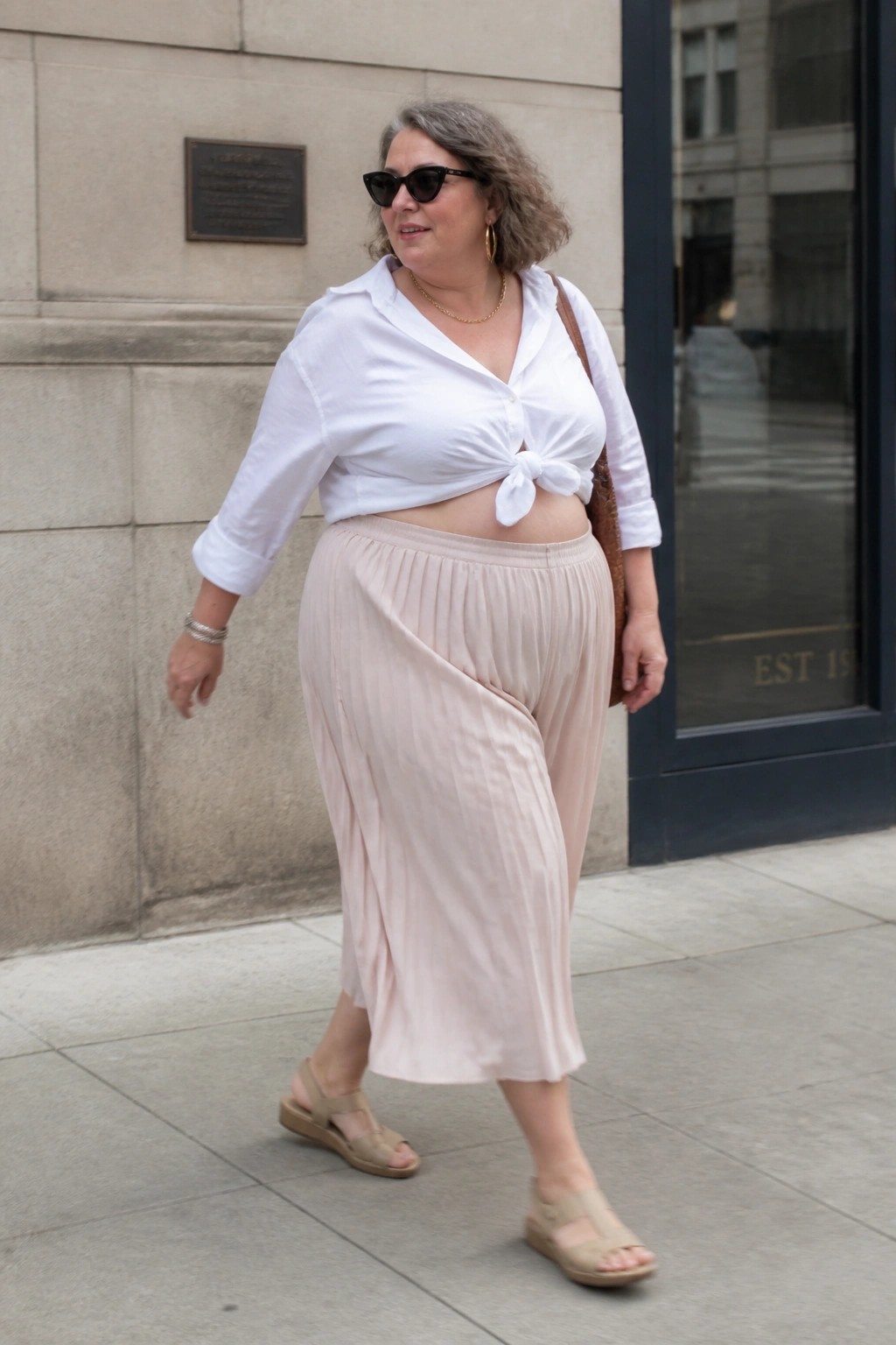 Stylish plus-size woman in white knotted shirt and beige pleated skirt walking outdoors