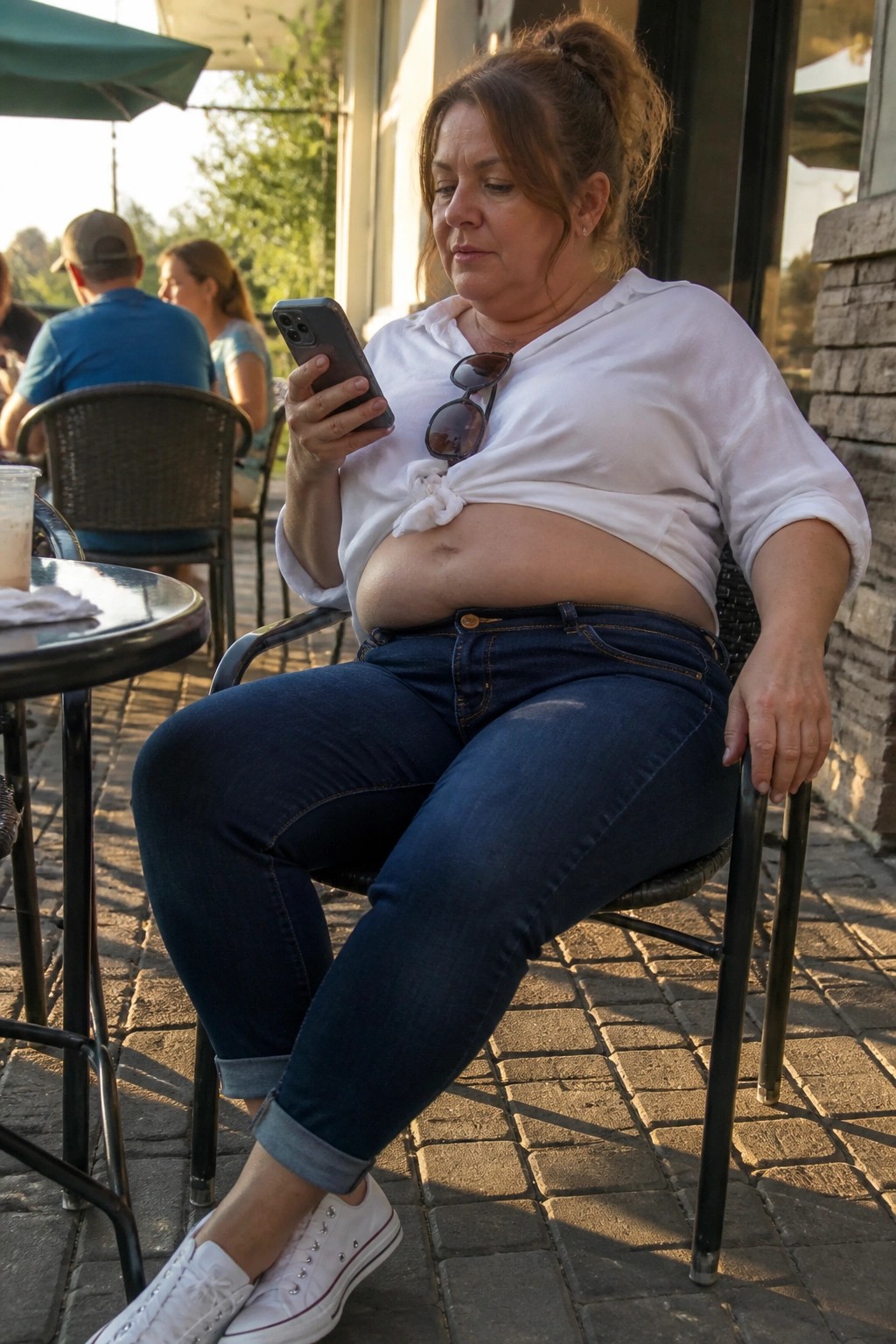 Woman in white tied shirt and blue jeans views smartphone on sunny patio