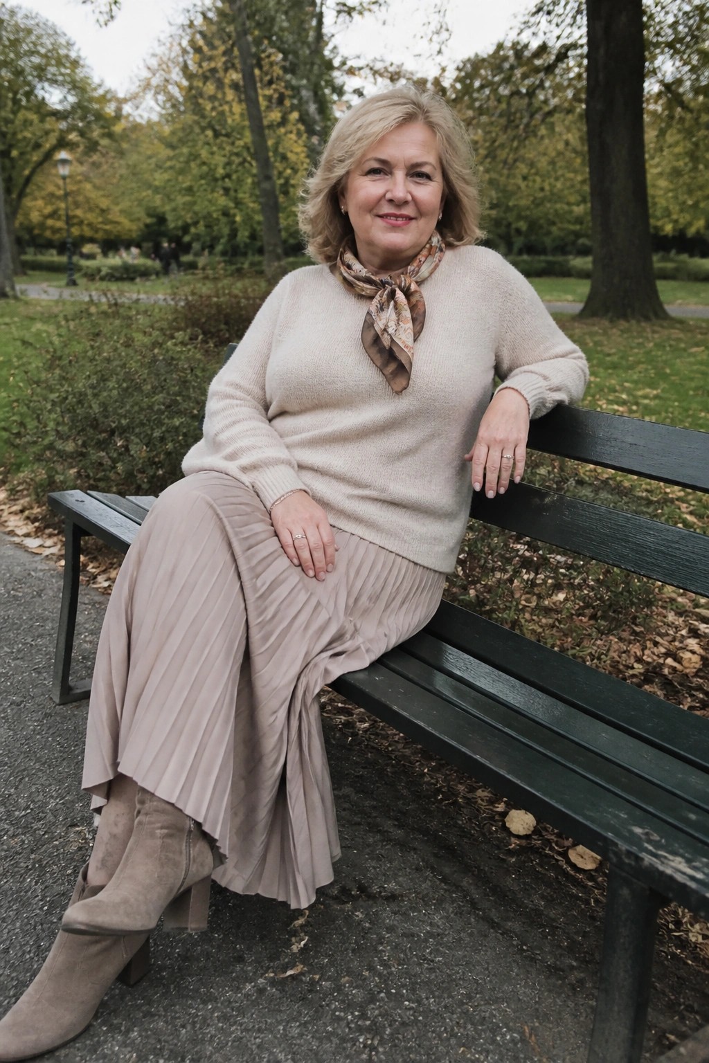Blonde woman in beige sweater and pleated skirt on green park bench