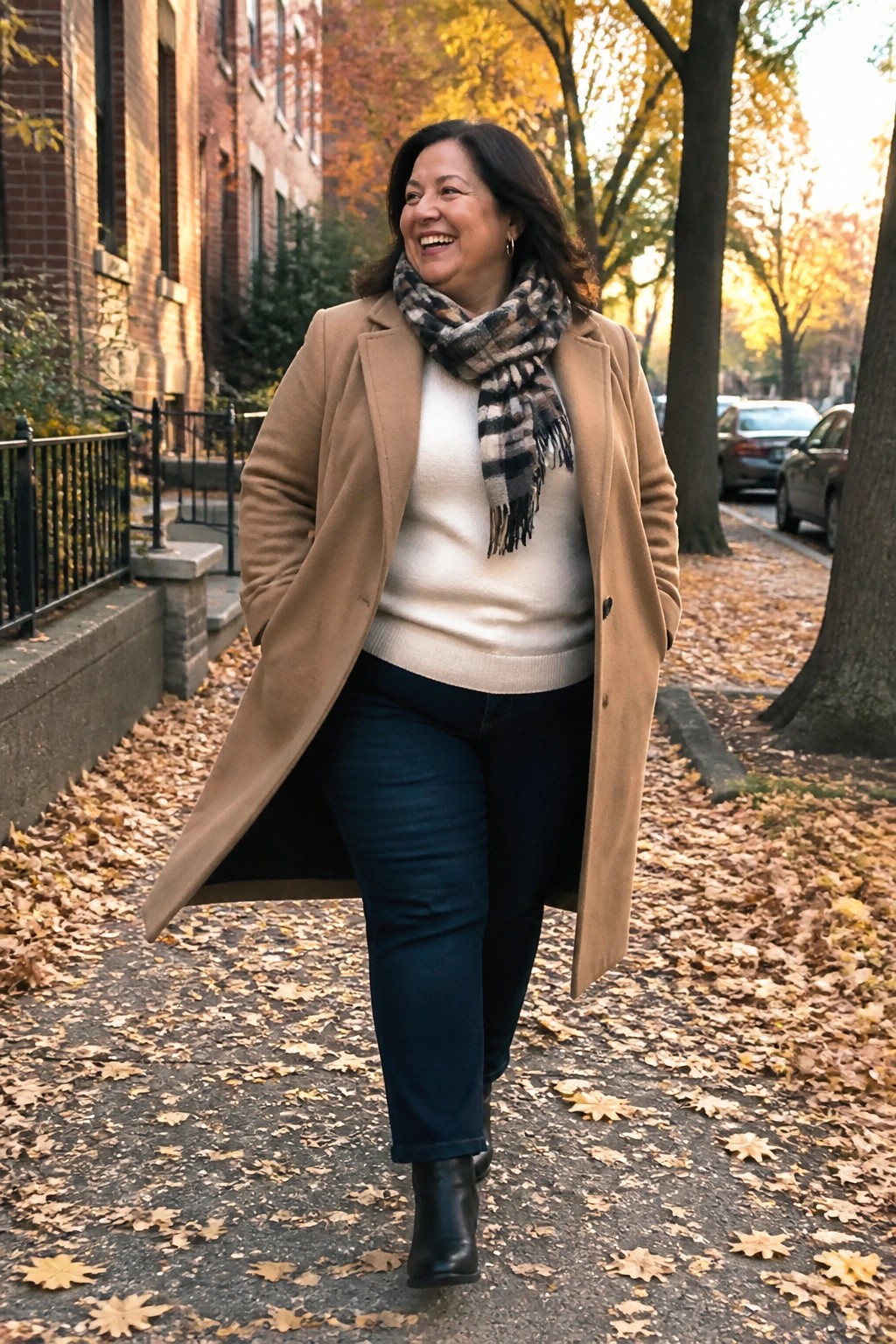 Smiling woman in tan coat and plaid scarf walks on autumn leaf-covered sidewalk