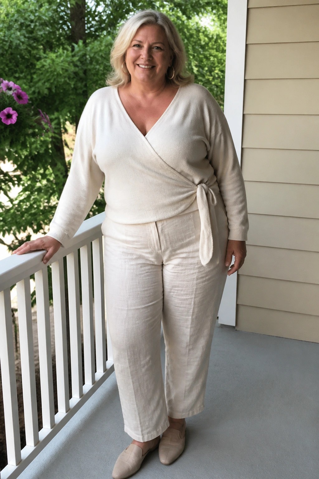 Plus size woman over 50 wearing a cream wrap knit sweater tied at the waist with matching linen straight leg pants and beige loafers standing on a porch.