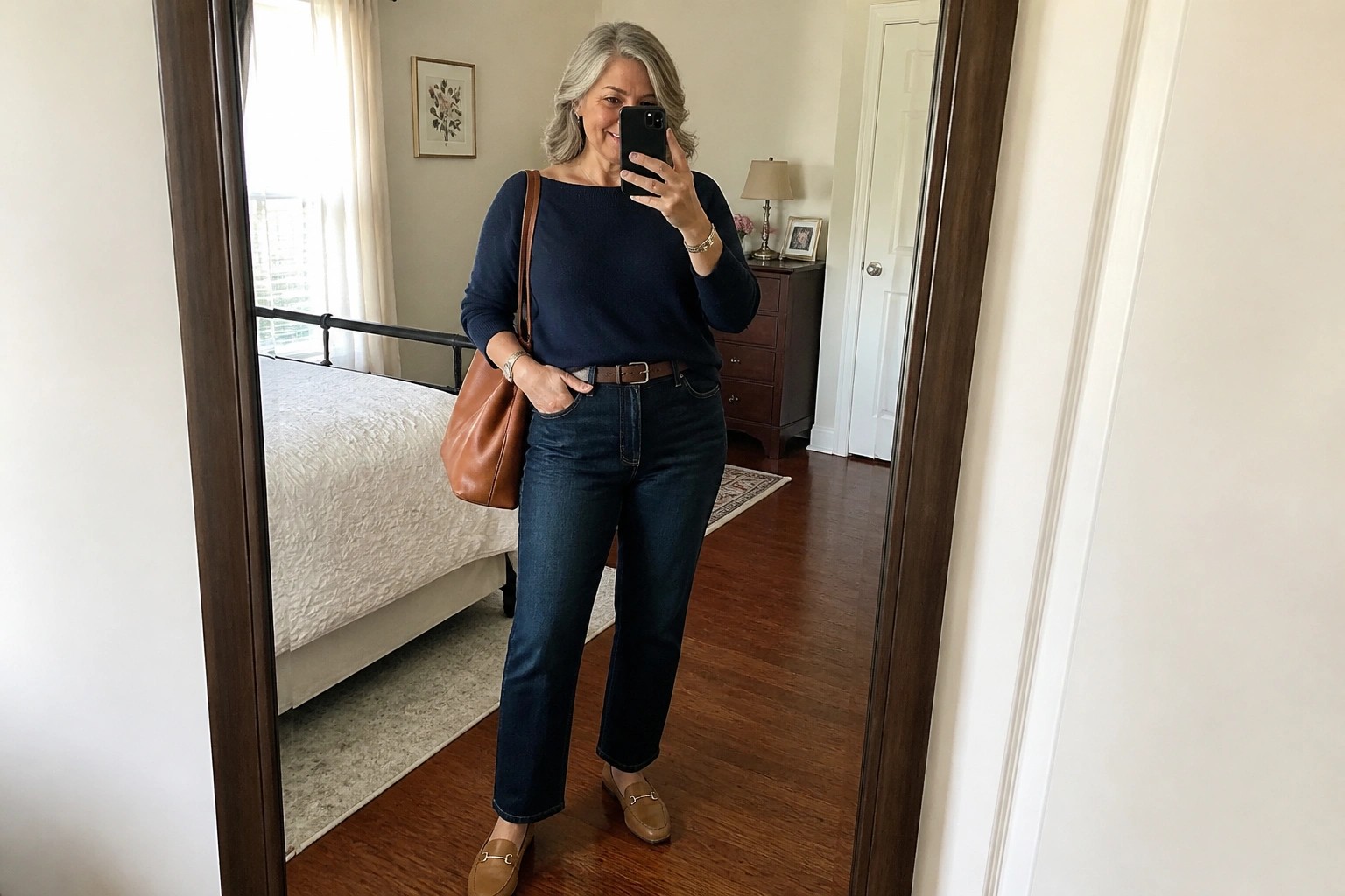 Woman in navy sweater and jeans taking mirror selfie in bedroom with brown bag