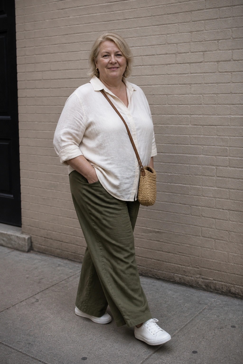 Woman in cream shirt and olive pants with woven bag against brick wall