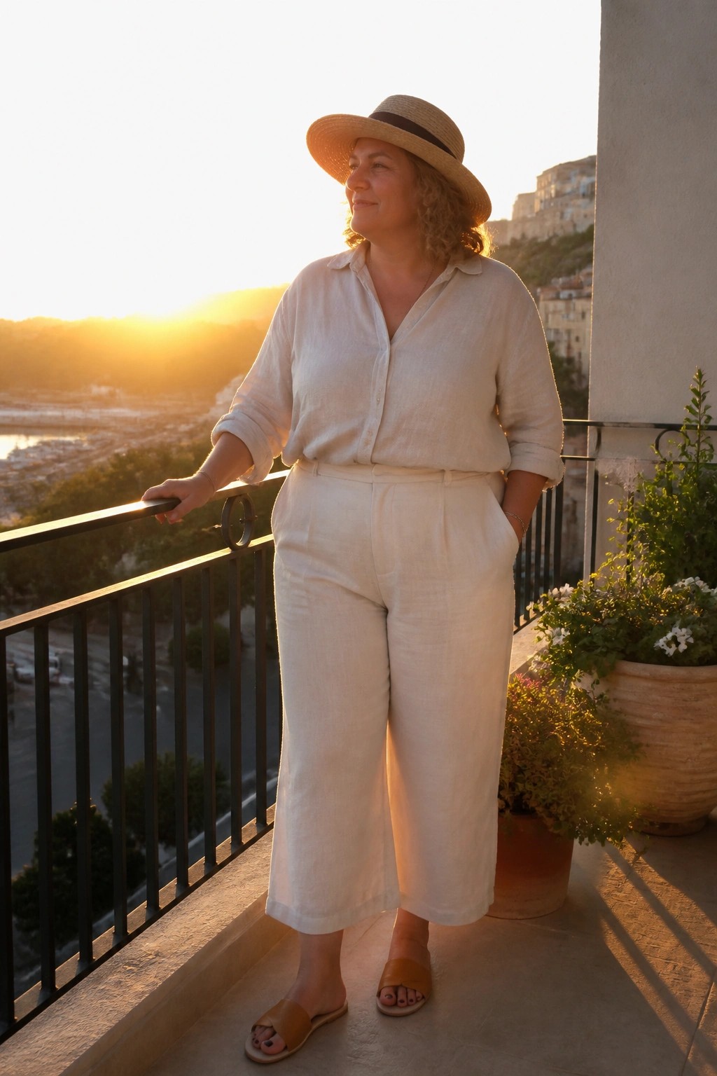 Woman in cream linen shirt and pants with straw hat on sunset balcony