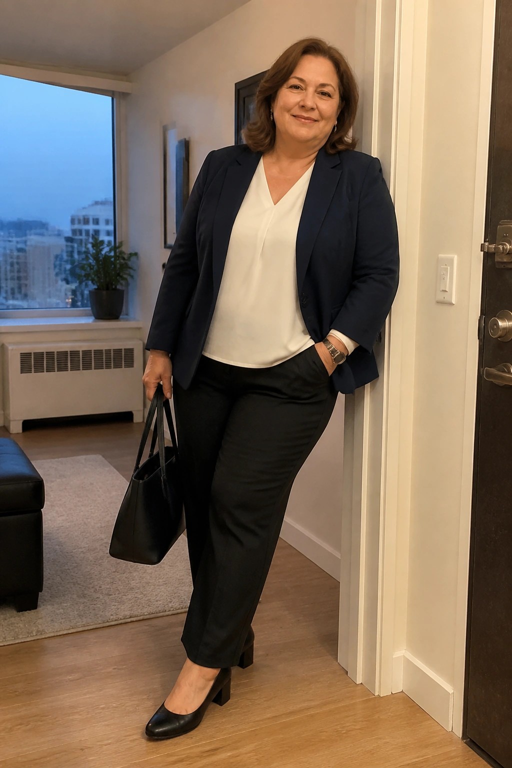 Woman in navy blazer and white blouse holds black bag in modern hallway