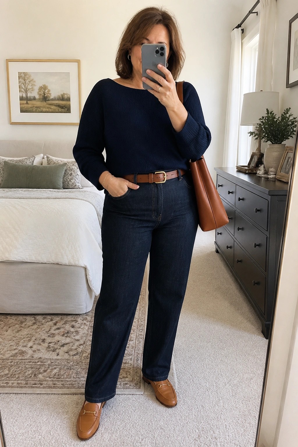 Woman in navy sweater and jeans taking mirror selfie in bedroom with brown bag