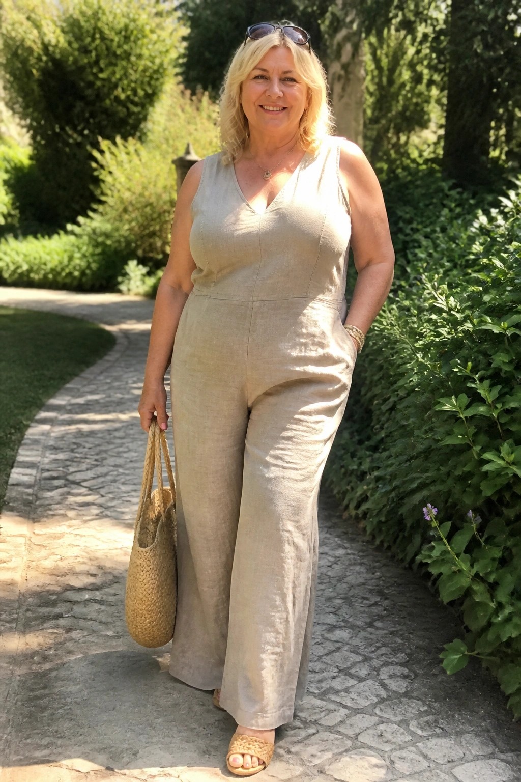 Woman in beige linen sleeveless jumpsuit with wide legs and V neck paired with straw tote bag and woven flat sandals.